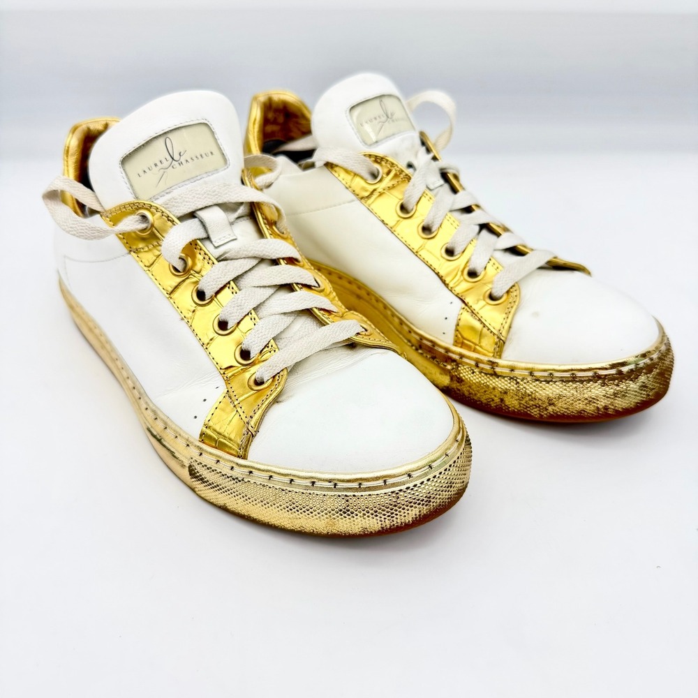 Laurel le Chasseur Womens Sneakers 7.5 Leather White Gold‎ Faux-Reptile